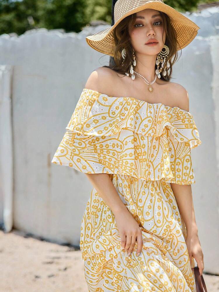 Floral Off Shoulder Ruffle Hem Cinched Waist Dress, Casual & Vacation Style For Ladies, Summer Dress
