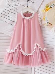SHEIN Young Girl Pink Sleeveless Lace Trim Princess Dress, Mesh Patchwork Ruffle Hem Cute Summer Beach Vacation Dress For Little Girls - Pink - View 1
