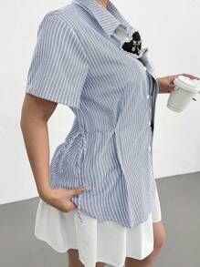 POPSWAY Plus Size Women Striped Short Sleeve Tie Waist Loose Blouse - Multicolor - View 5