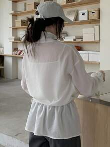 Livesso Women High Neck Loose Casual Ruffle Tie Decor Regular Jacket Women Coats - White - View 2
