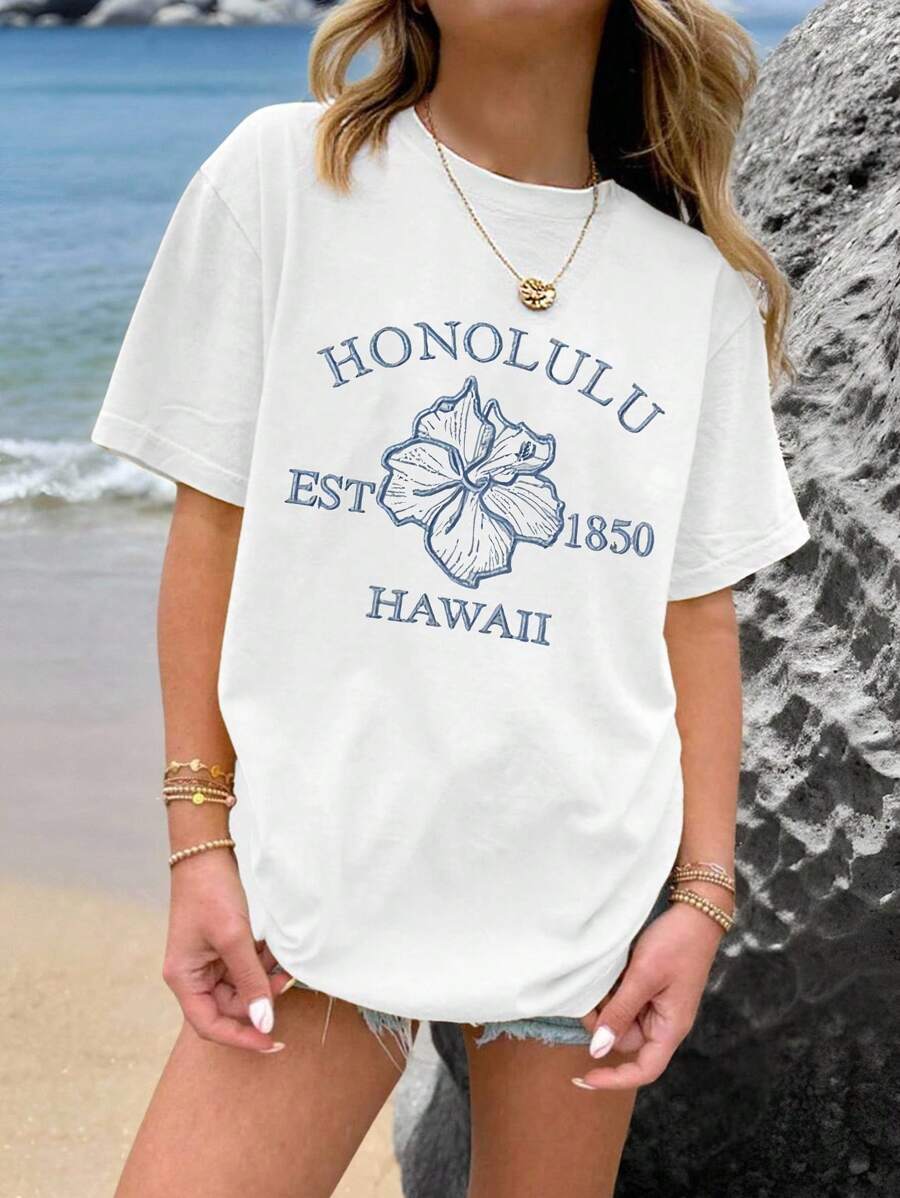 青少年女孩休闲简约清新度假风时尚字母标语和芙蓉花印花圆领短袖 T 恤夏季花卉上衣 - 白色 - 查看 1