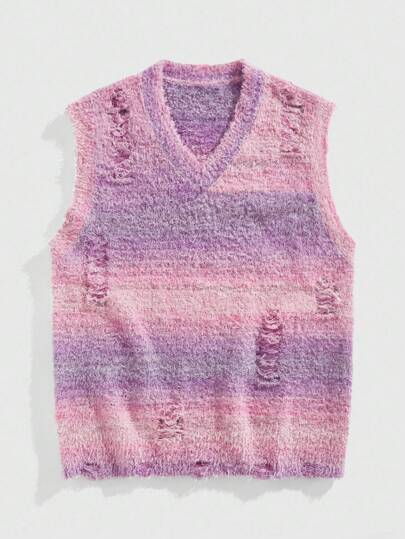 Street Life كنزة صوفية صدرية كاجوال بياقة على شكل حرف V مهترئة للرجال