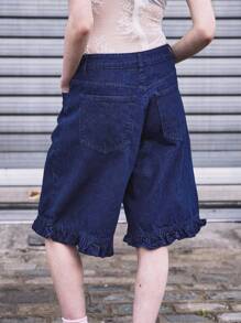COUREZ 阔腿荷叶边短裤 / 女士夏季穿搭 Y2K 街头风可爱复古棉质短裤 - 深色水洗藍 - 查看 3