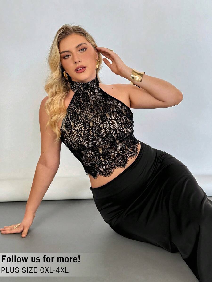 Auralis Plus-Size Elegant Sexy Lace Top, Summer Cute Top, Lace See-Through Top,Going Out Tops Women Country Concert Club Sexy Top Halter Tops Cute Summer Tops,Concert Women Rave - Black - View 1