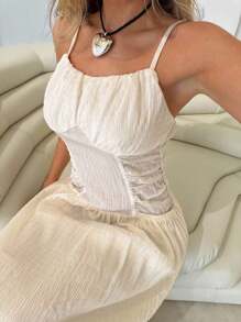 Roylia Woven Jacquard Fabric, Crinkled Texture, Plaid Pattern, Solid Color, Form-Fitting, Spaghetti Strap, Chest Ruching, Waist Gathering, Pleated, Open Back, Super Flare A-Line Silhouette, Occasions: Festive, Vacation, Party, Elegant, Sexy, Luxurious, Romantic, Casual, Spring/Summer Women Maxi Dress - Apricot - View 1