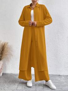 SHEIN LUNE Bộ 2 món/Bộ đồ nữ dài tay đơn hàng khuy đơn màu trơn dài tay và quần âu thường ngày - Màu vàng - Xem 5