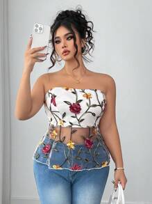 Elenzga Elegant Fashion Embroidered Mesh Plus Size Women Crop Top