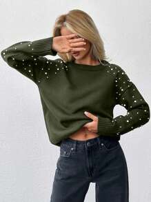 EURMUSE Women Round Neck Black Sweater With Pearl Detailed Sleeve,Jumper,Cream Jumper,Jumpers,Womens Jumper,White Jumper,Women's Jumper,Women's Jumpers,Winter Clothes - Army Green - View 4