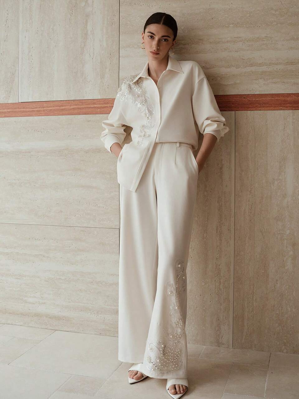 2PCS WOMEN ELEGANT CONTRAST SEQUIN FAUX PEARL DETAIL DROP SHOULDER OVERSIZE SHIRT & WIDE LEG PANTS SET