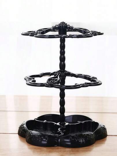 Goth 1pc Rotating Plastic Jewelry Display Stand Black Earring Holder Organizer For Necklaces, Hair Ties & Accessories Storage With Hooks,Home Decor