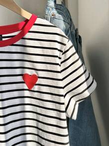 Comfortcana Plus Striped Heart Embroidery Detail Tee, Summer/Valentine's Day - White - View 4