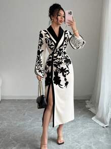 Selianne Robe mi-longue élégante pour femmes avec imprimé floral, col châle, manches longues et fente latérale - Multicolore - Voir 1