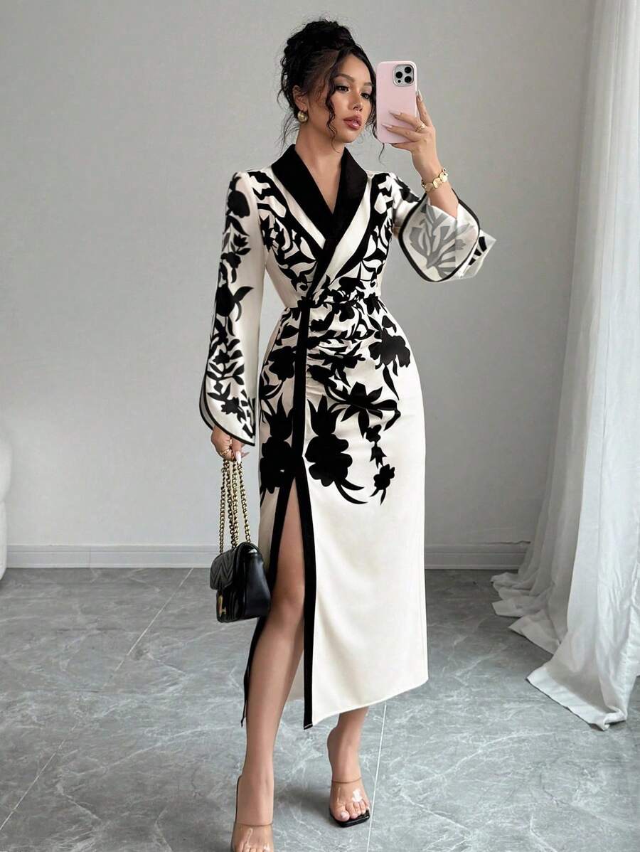 Selianne Robe mi-longue élégante pour femmes avec imprimé floral, col châle, manches longues et fente latérale - Multicolore - Voir 1