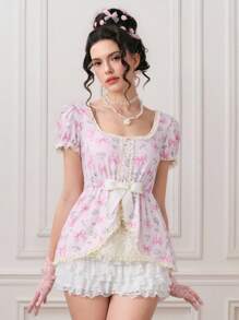 ROMWE Kawaii 女士可爱蝴蝶印花蕾丝边休闲 T 恤 - 粉色 - 查看 1