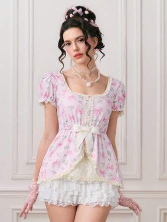 Kawaii Camiseta casual de mujer con estampado de mariposa lindo y ribete de encaje