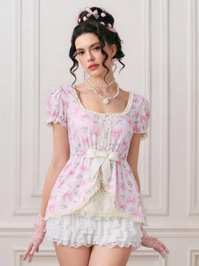 Kawaii T-shirt décontracté pour femmes avec imprimé papillon mignon et bordure en dentelle