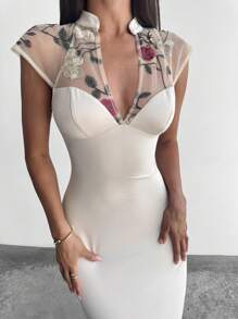 Firerie Robe longue évasée élégante et raffinée, romantique, mode, pour rendez-vous, soirée, vacances, 2 en 1, broderie, maille transparente, col V, taille haute, ourlet parapluie, abricot, robe de graduation - Nude - Voir 8