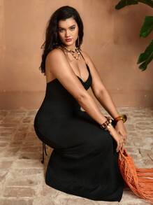 SHEIN VCAY 大码女式性感细肩带露背花卉刺绣长裙，黑色，夏季