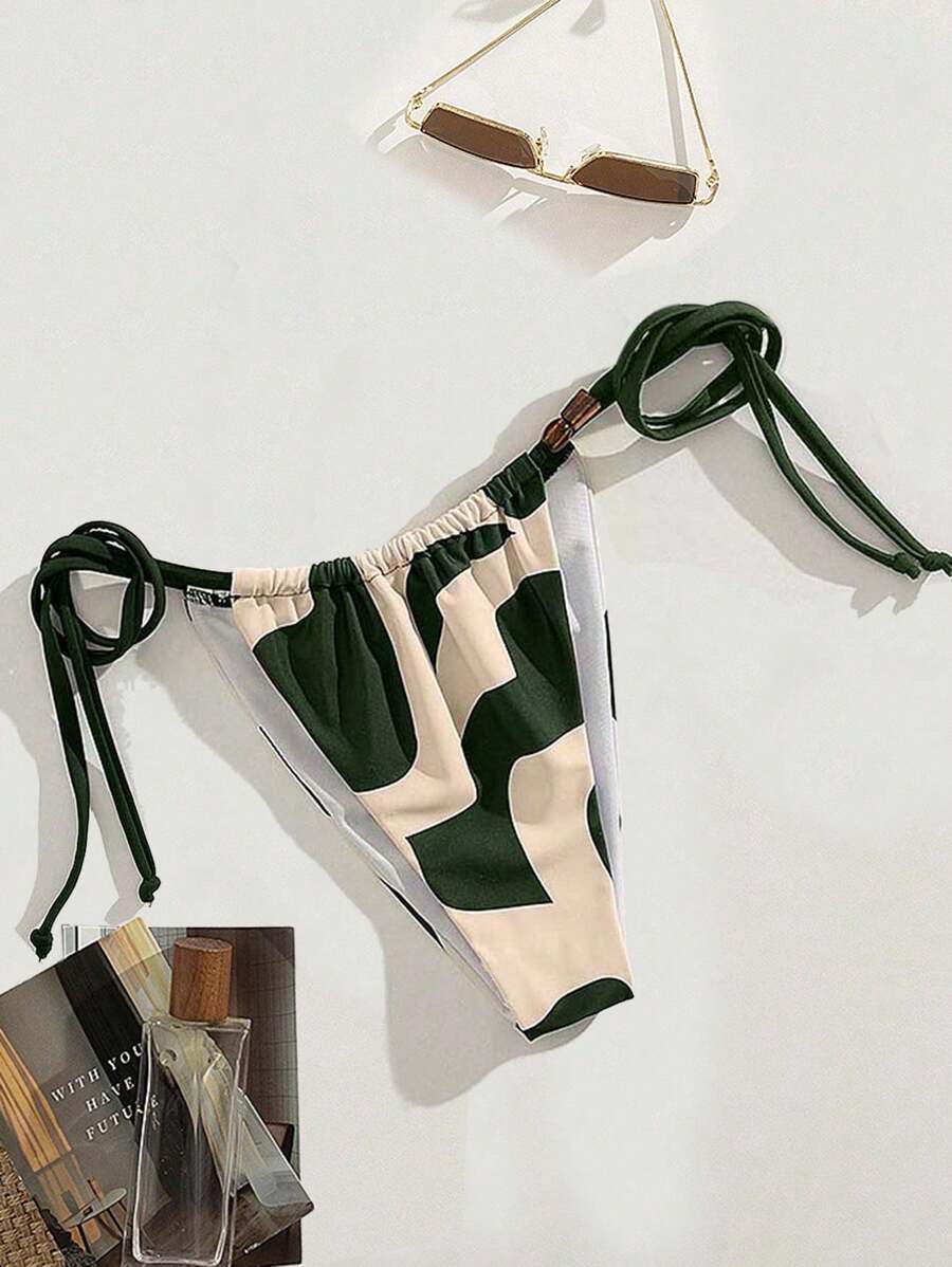 SHEIN Swim 暖色肩带装饰系带侧边女士简约复古比基尼泳裤,海滩 - 軍綠色 - 查看 1