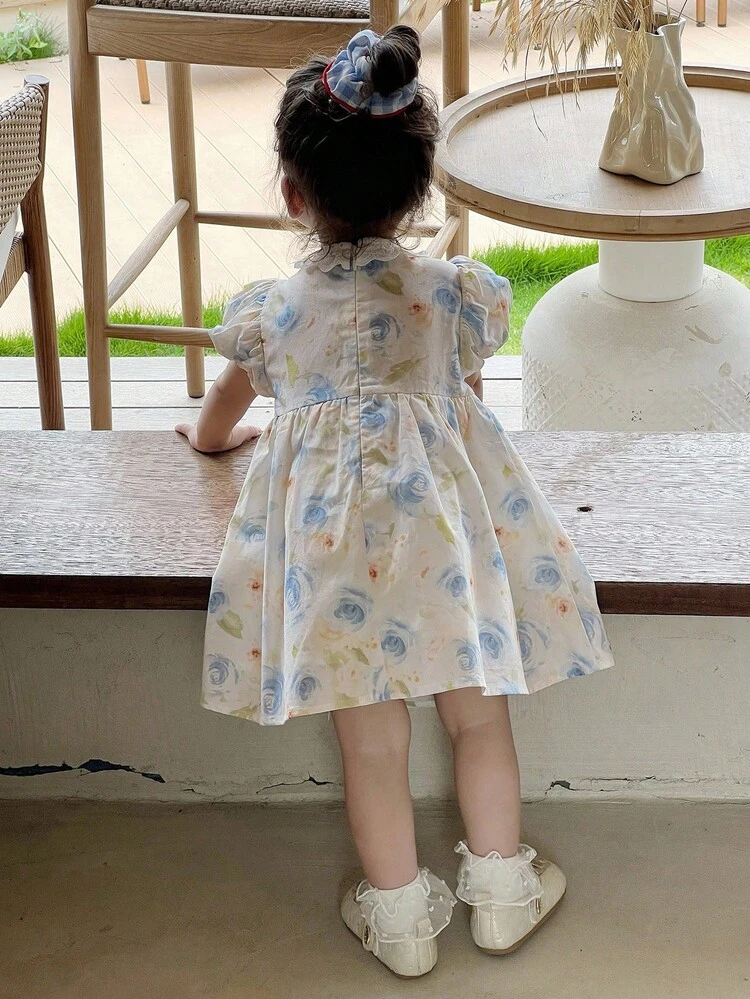 Toddler Girls' Full Floral Print Lace Patchwork Midi Party Dress, Formal Occasion