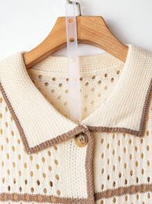 Linhara Plus Size Women Contrast Color Knit Open Front Hollow Striped Short Sleeve Casual Cardigan, Simplistic Spring/Summer