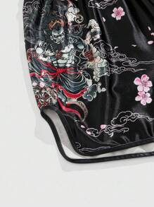 ROMWE MEN Anime Men's Summer Casual Chinese Dragon & Floral Print Elastic Waist Shorts - Black - View 4