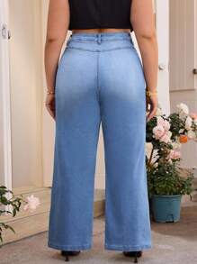 SHEIN PETITE CURVE 大码女式高腰阔腿宽松休闲百搭牛仔裤 - 藍色 - 查看 2