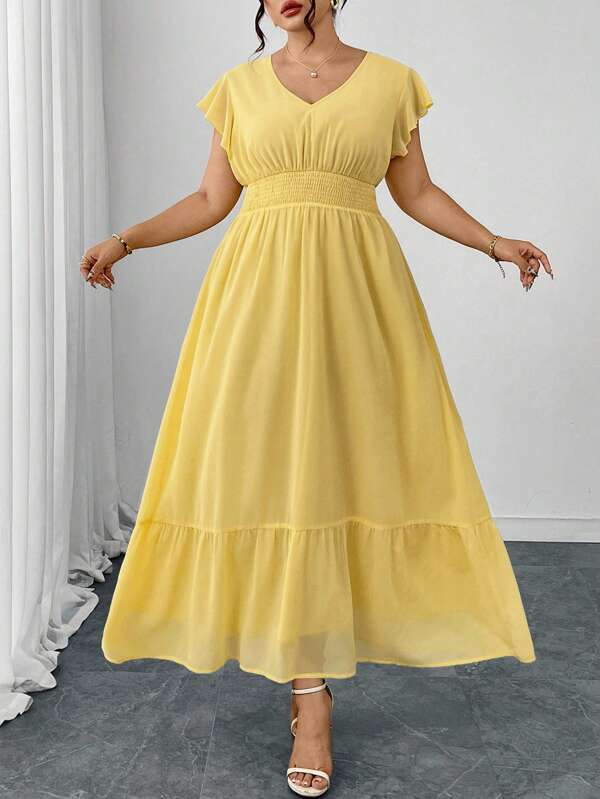 SHEIN Clasi Damen Große Größen Sommer Lässig einfarbiges Kleid mit geraffter Rüsche am Armausschnitt, Tunnelzug in der Taille und Volant-Saum, Sommeroutfit