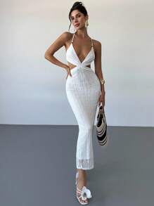 Firerie Váy xẻ tà hở lưng buộc dây kết hạt jacquard họa tiết màu trắng cho nữ, Váy đi nghỉ gợi cảm, Trang phục xuân/hè, Đồ đi biển, Đi làm, Thanh lịch, Gợi cảm, Kỳ nghỉ, Bãi biển, Bohemian, Hawaii, Lễ hội âm nhạc, Lãng mạn, Hẹn hò - trắng - Xem 10