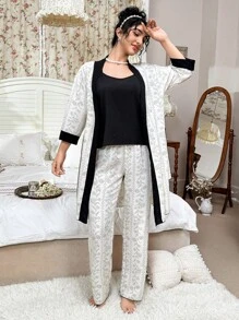 CottageSlumber Black Mixed Floral & Vine Bubble Wrinkle Print Bathrobe Set 3 Pieces PJS Bountiful Floral Splendor, Fall Winter Clothes Cozy And Elegant Details - Multicolor - View 5