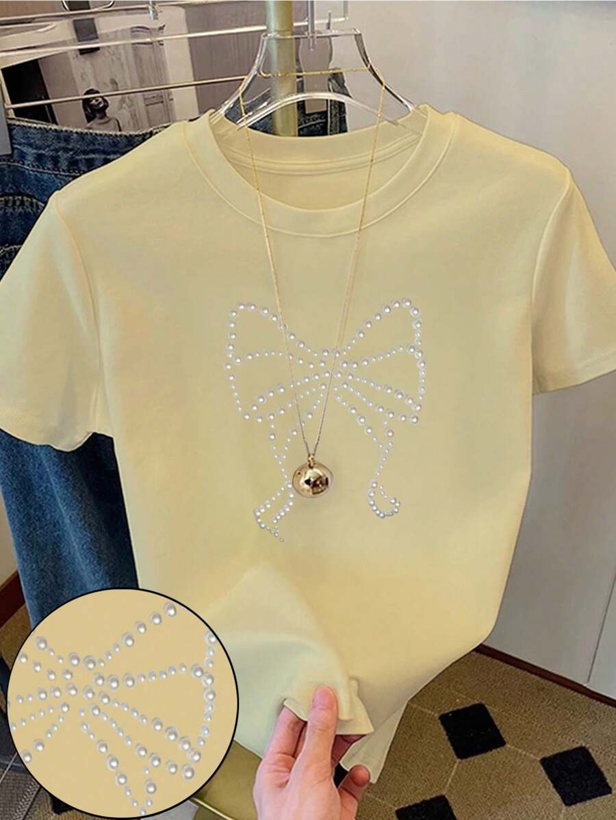 SHEIN Summer Casual Beaded Decor Round Neck Short Sleeve T-Shirt - Yellow - View 1