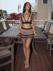 Carolina Barros Summer Beach Hollow Out Drawstring Cover Up Set - Khaki - View 4