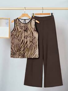 SHEIN Clasi Set de 2 piezas de conjunto informal de mujer con estampado de leopardo, animal, serpiente y cebra, apropiado para el verano