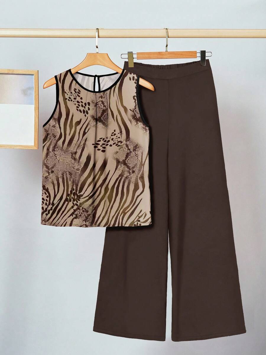 SHEIN Clasi Set de 2 piezas de conjunto informal de mujer con estampado de leopardo, animal, serpiente y cebra, apropiado para el verano