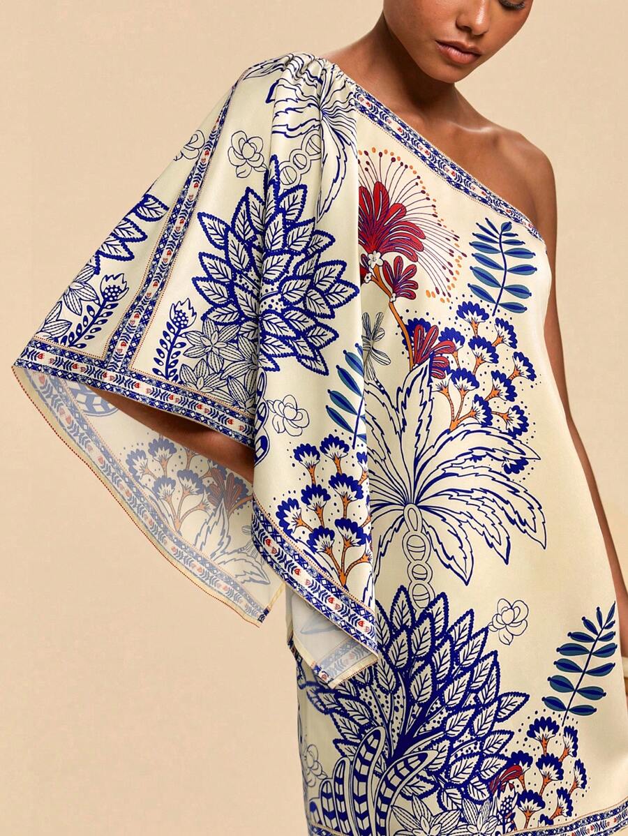 Travachic Vestido mini de una sola manga con estampado de palmera, de manga campana, para uso en resorts