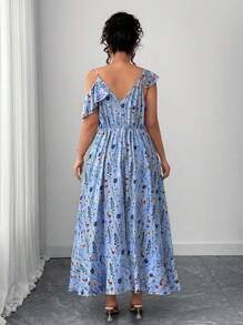 Elenzga Plus Size Women's Blue Summer Boho Tea Party Holiday V-Neck Elegant Asymmetric Ruffle Floral Print Dress,Suitable For Daily Wear,Dates And Vacations - Blue - View 2
