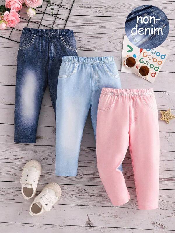 SHEIN Vintaside Kids Baby Girls' 3 PiecesSet: Elegant Casual Style Printed Washed Blue Long Pants, Spring/Summer