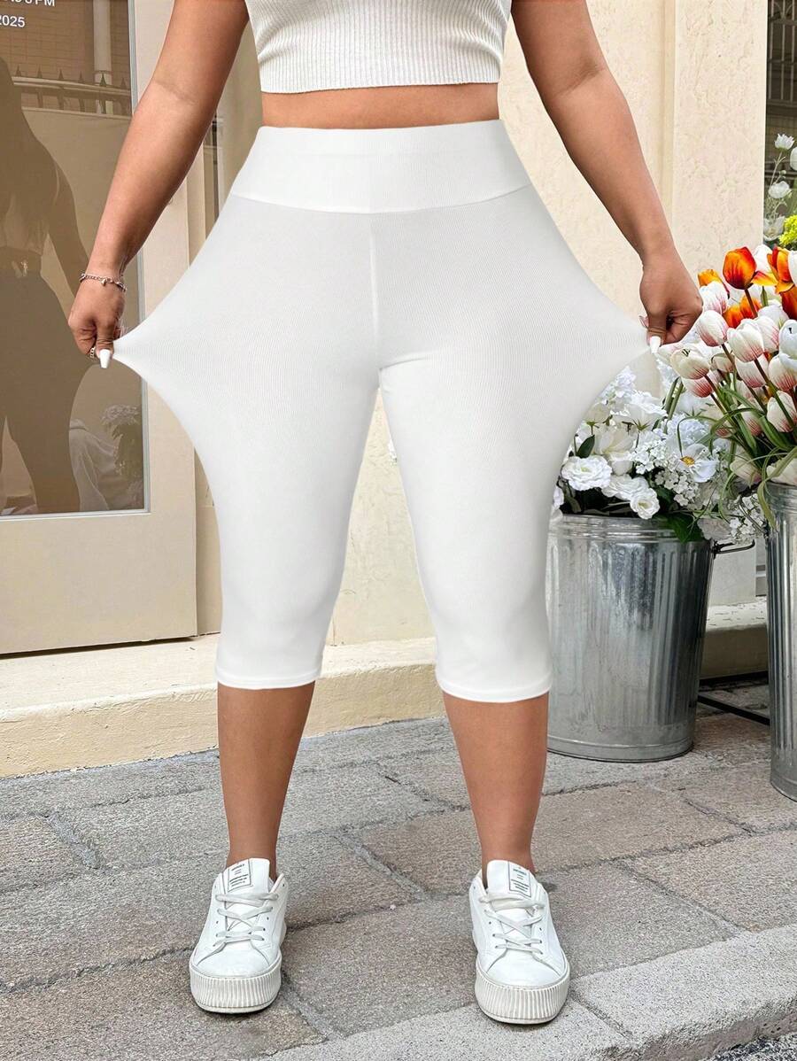 GalTyme Quần legging bó màu trắng cỡ lớn dài 3/4, phong cách thường ngày/nghỉ mát - trắng - Xem 1