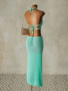 SHEIN ICON Women's V-Neck Hollow Out Back Tie Knitted Long Dress