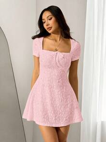 SHEIN PETITE Solid Color Square Neck Short Sleeve Mini Y2K Casual Dress For Women, Summer Dresses For Women Pink Dress For Women