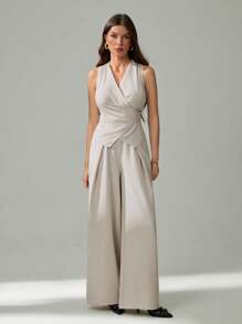 SHEIN Tall Women Solid Color Wrap Vest And Wide-Leg Pants Suit Set - Apricot - View 8