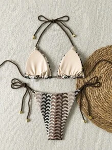 Swim Vcay Women All-Over Print Halter Twist Front Split Bikini Set For Summer Beach Vacation