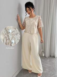 Elenzga 大码女式花卉提花圆领短袖上衣和阔腿裤优雅两件套，夏季 - 杏色 - 查看 5