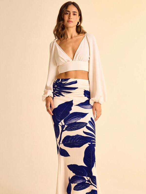 CAJUNI Women Vintage Leisure Boho Blue Leaf & Plant Print Elastic Waist Long Mermaid Skirt