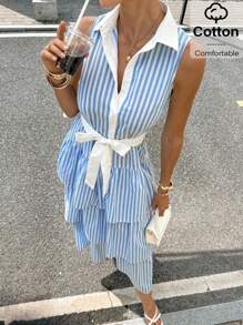 Siren Gaze Teacher Outfits For Women, Back To School Clothes, Business Casual Woman - Women's Fall Striped Sleeveless Casual Shirt Dress, Single - Breasted Ruffle Hem, Blue And White Striped, Tiered Design, Elegant Summer Dress For Dating & Commuting, 2025 New Arrival