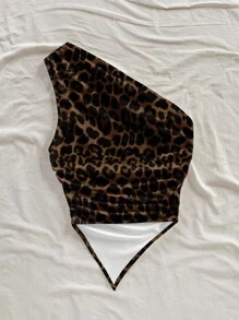 Soleia Beachside Style Leopard Print Asymmetrical Hem Twist Bandeau Top For Women, Suitable Summer And Seaside Animal One Shoulder Cheetah - Multicolor - View 2