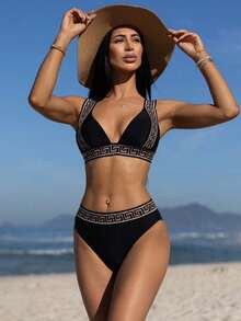 Carolina Barros Geometric Print Two-Piece Bikini Set, Summer Beach - Black - View 4
