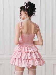 ROMWE EDITION Women's Vintage Palace Style Multi-Tier Ruffle Textured Satin Dress, Suitable For Wedding - Pink - View 3