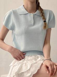 DAZY 女士 Polo 领短袖毛衣 - 藍色 - 查看 7