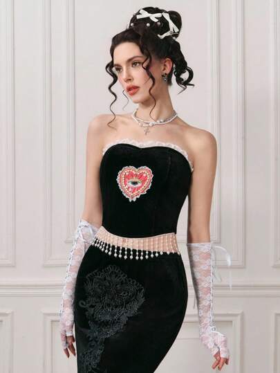 EDITION Top halter con adorno de encaje, bordado, color contrastante, perlas y flecos estilo vintage, romántico y barroco para mujer